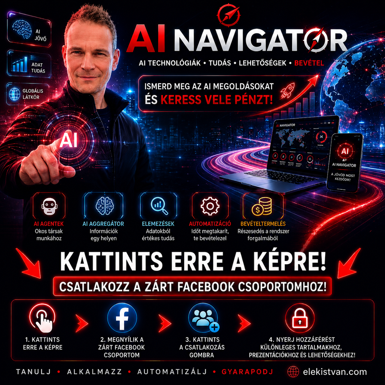 AI Navigator promóciós grafika, férfi arccal, laptop és mobil kijelzőkkel, piros neon feliratokkal.